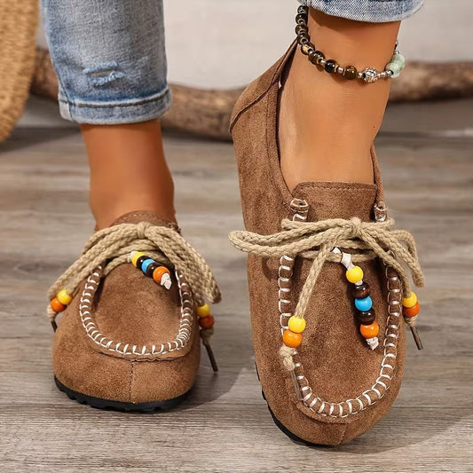 Comfortable Loafers for Women with Beaded Lace Detail Moccasin Stitch Platform Sole