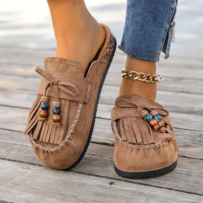 Stylish Mules for Women with Fringe Tassel Beaded Suede Slip On Moccasin Style