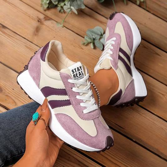 Comfortable Trainers for Women with Colorblock Panel Lace Up Cushioned Sole Retro Runner Style