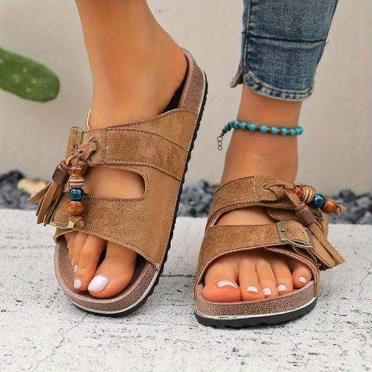 Comfortable Slide Sandals for Women with Tassel Detail Buckle Strap Contoured Footbed Open Toe Style