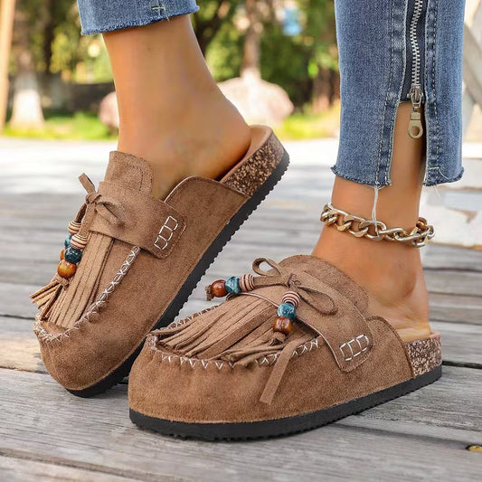 Stylish Mules for Women with Fringe Tassel Beaded Suede Slip On Moccasin Style