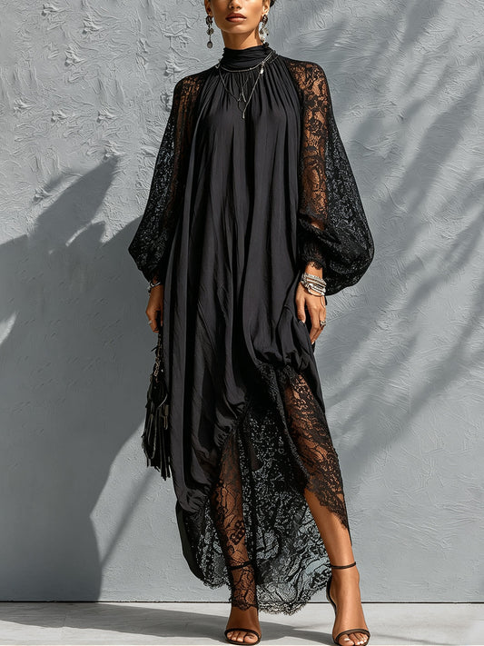 Elegant Black Maxi Dress for Women with Lace Sleeves High Neck Formal Style