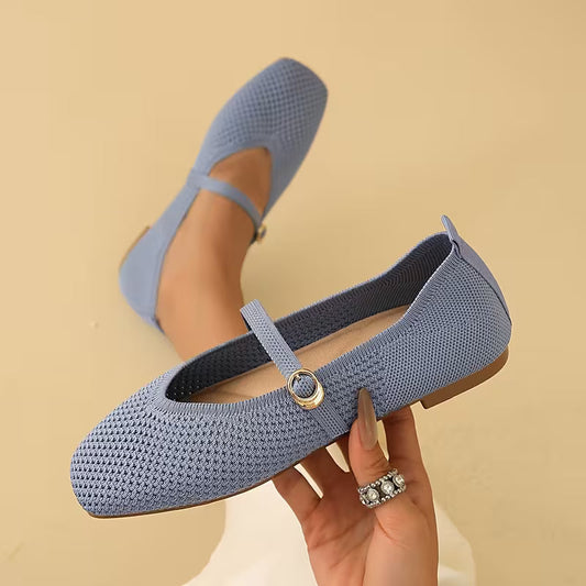 Comfortable Mary Jane Shoes for Women with Knit Upper Buckle Strap Flat Ballet Style