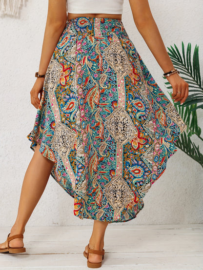2026 Spring/Summer Bohemian Print Midi Skirt for Women, Elastic High Waist, Irregular Curved Hem, Flared Midi Dress, Vintage Ethnic Style, Vacation,, Flowy, Beach, Casual Skirt