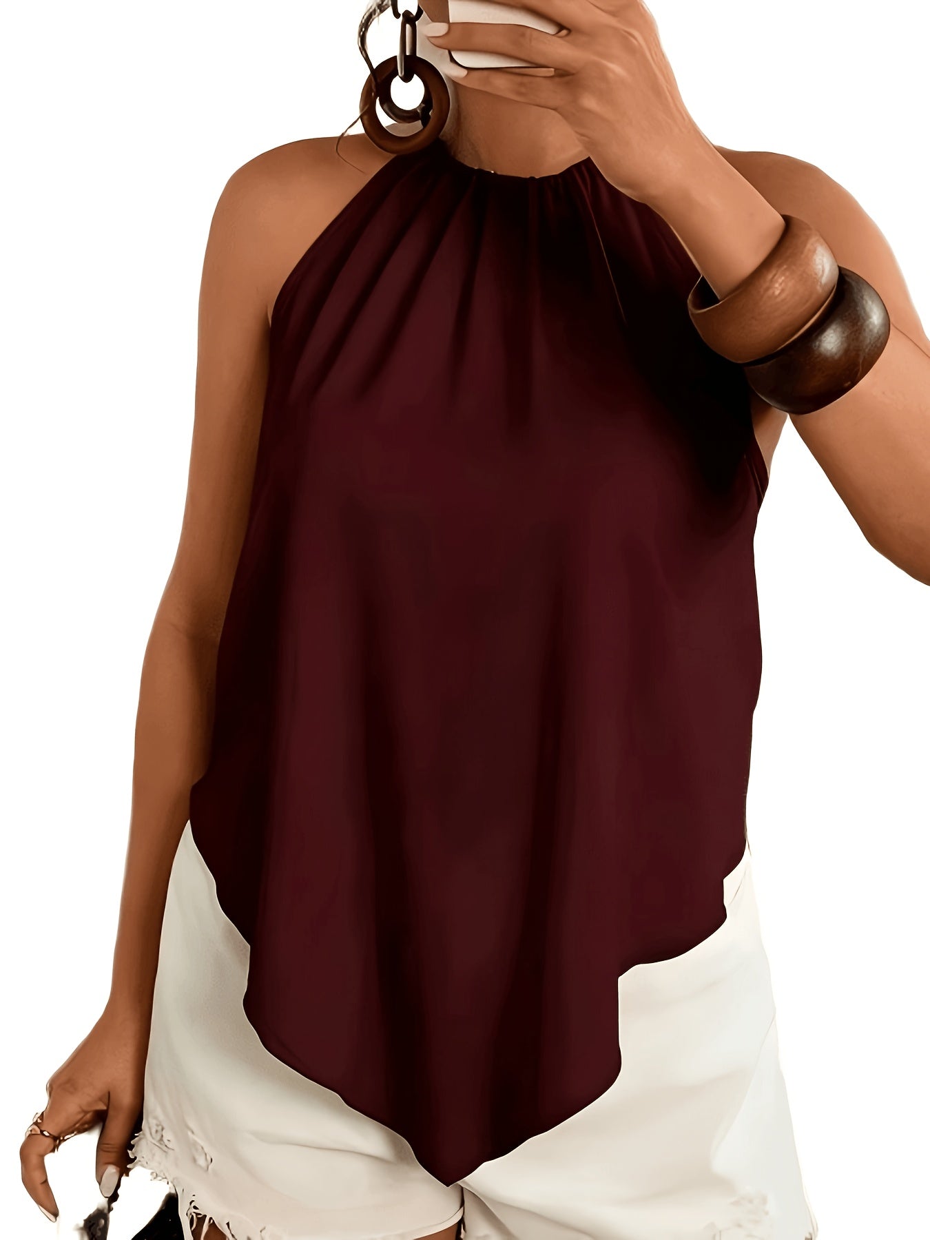 Women'S Fashion Asymmetrical Hem Tie-Neck Sleeveless Blouse, Suitable for Spring And Summer Wear