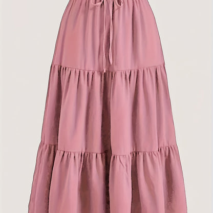 Women's Olive Green Pleated Midi Skirt - Lightweight Adjustable Drawstring Waist, Hand Washable Spring/Summer Elegant Solid Color Skirt for Casual & Formal Outfits, Casual Attire, Nontransparent Fabric, Spring Fashion, Classic Style, Breathable Material,