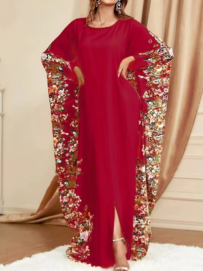Floral Print Crew Neck Kaftan Abaya, Elegant Batwing Sleeve Split Maxi Dress, Women's Clothing