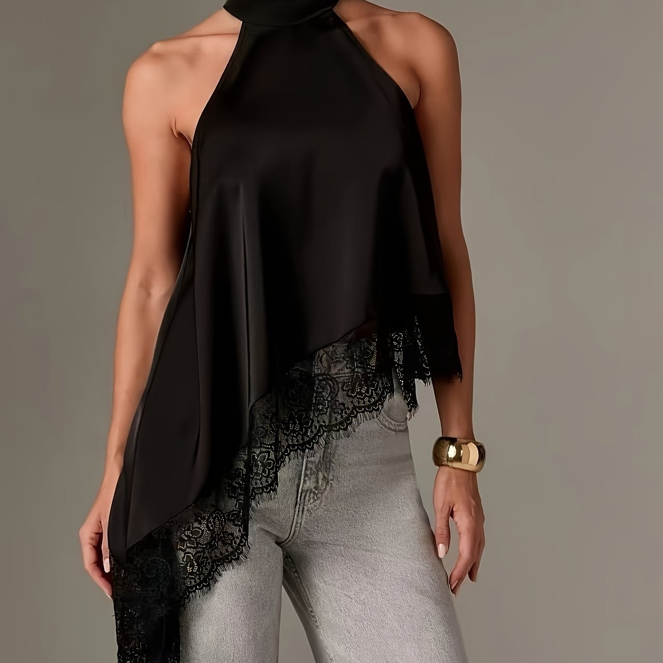 Irregular Patchwork Lace Neckline Halter Top, Women's Elegant Vest