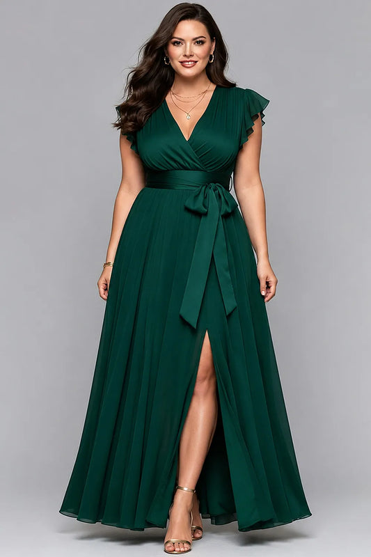 Flycurvy Plus Size Wedding Guest Dark Green Chiffon Ruffle Sleeve Slit Hem Maxi Dress With Belt