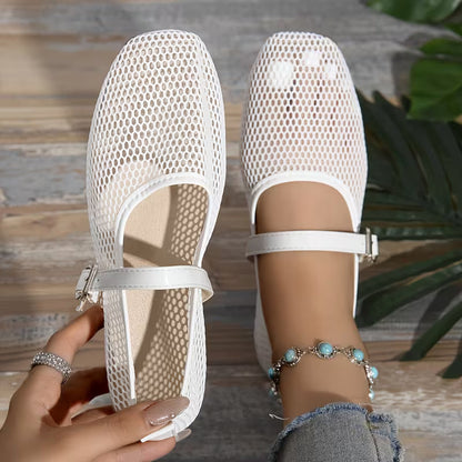 Comfortable Mary Jane Shoes for Women with Mesh Woven Buckle Strap Flat Style
