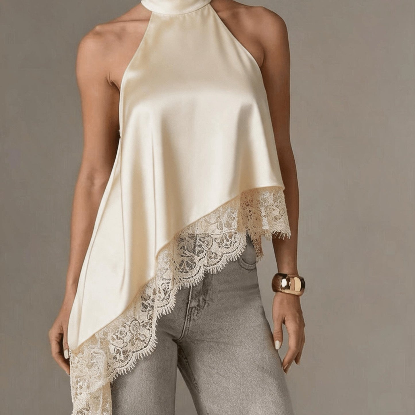 Irregular Patchwork Lace Neckline Halter Top, Women's Elegant Vest