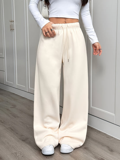 Women's Heavyweight Casual Pants with Elastic Waistband and Drawstring, Apricot Color, -Lined for Warmth