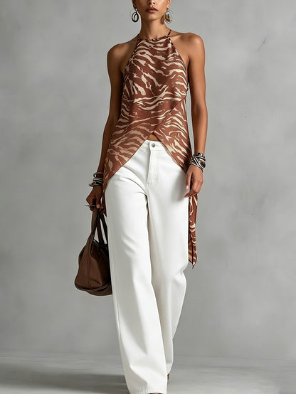 Women'S Summer Elegant Off-Shoulder Brown Zebra Print Chiffon Halter Top