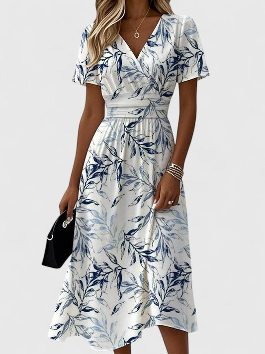 Flora | Women's Floral Print Wrap V-Neck Flutter Sleeve Midi Dress