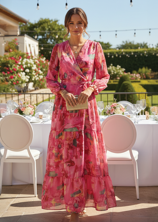 Nicole | Elegant Pink Maxi Dress for Women with Floral Wrap Style