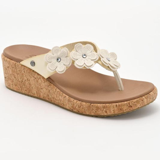 Comfortable Wedge Sandals for Women with Floral Applique Toe Post Cork Platform Style