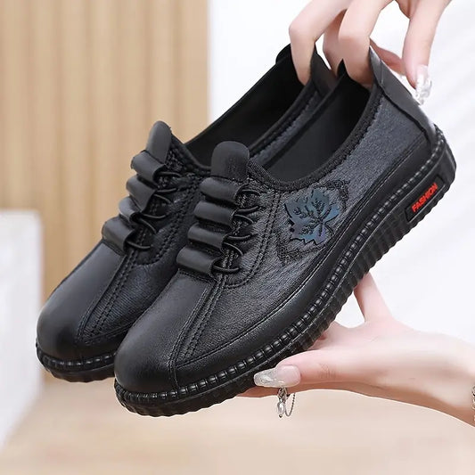 Comfortable Lace Up Shoes for Women with Embossed Floral Panel Soft Sole Slip Resistant Flat Style