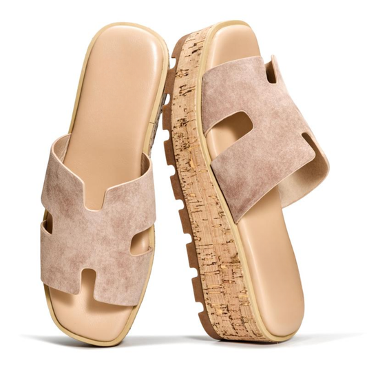 Comfortable Slide Sandals for Women with Cut Out Wide Strap Cork Platform Open Toe Style