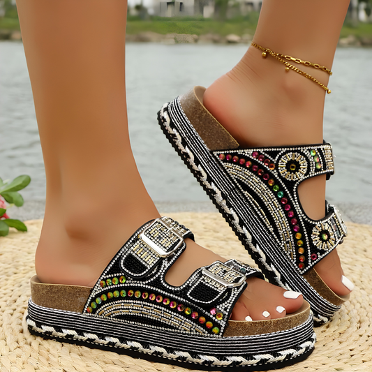 Comfortable Slide Sandals for Women with Printed Double Buckle Strap Platform Open Toe Style