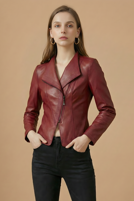 Women’s Zip-Front Faux Leather Jacket with Structured Lapels and Fitted Silhouette