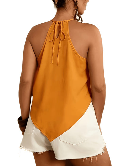 Women'S Fashion Asymmetrical Hem Tie-Neck Sleeveless Blouse, Suitable for Spring And Summer Wear