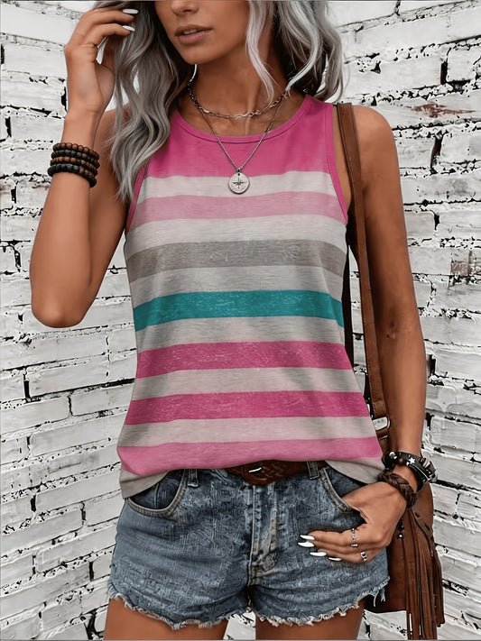 Women's New Summer Fashion Casual Round Neck Sleeveless Vacation Colorful Striped Print Tank Top