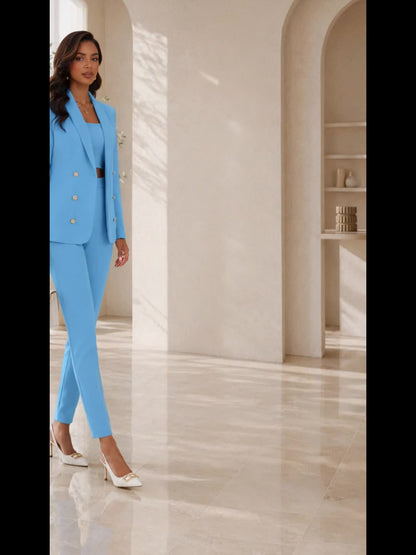 25 New Women's Premium Set: Camisole Top with Spaghetti Straps and Shawl Collar Open Front Blazer Cardigan Top & Trousers 3pcs Suit, Suitable for Office Looks, Daily Commutes, Wedding Season Outfits, and Important Occasions