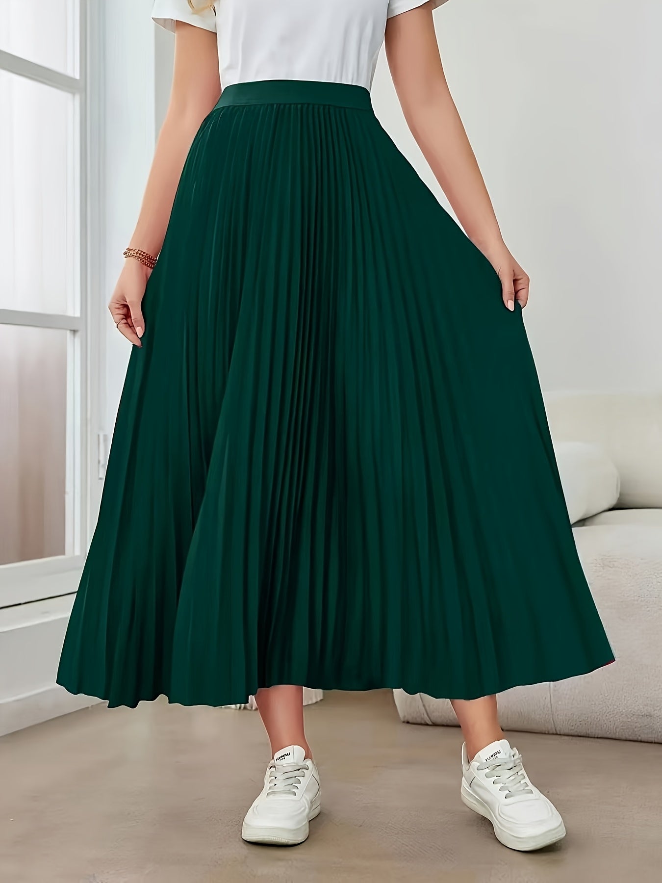 Women's Elegant High-Waisted Pleated Midi Skirt - Non-Stretch Machine-Washable All-Season Versatile Solid Color Smooth Texture for Casual & Formal Outfits, Cute Skirts, Nonelastic Fabric