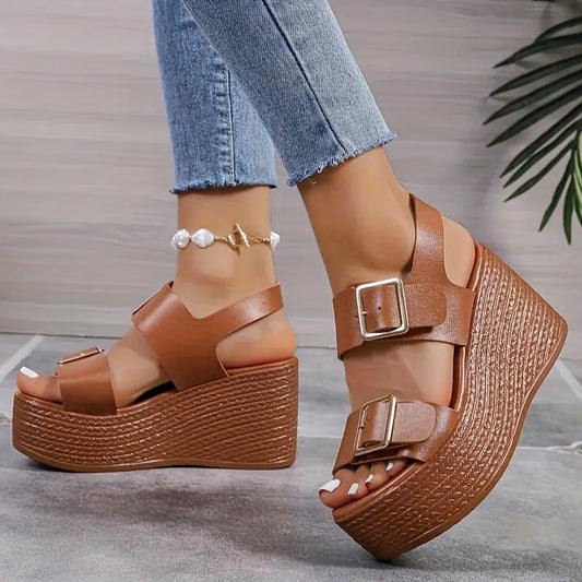 Comfortable Brown Wedge Sandals for Women with Double Buckle Strap Espadrille Platform Open Toe Style