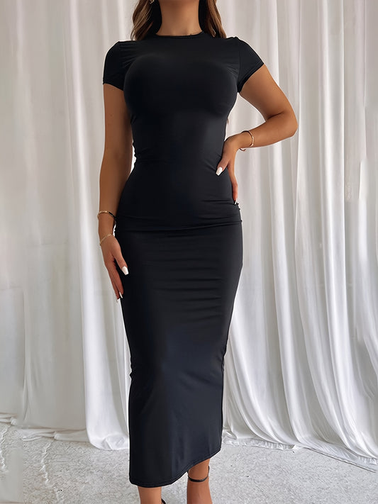 Women's Bodycon Pencil Dress - Sexy Round Neck Short Sleeve Long Sleeveless Alternative - Machine Washable Stretchy Fabric - Solid Color Elegant Office to Party Wear, Formal Occasion, Formfitting Silhouette, Smooth Texture, Professional Women
