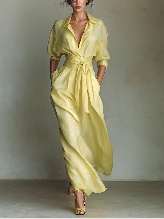 Margot | Yellow Elegant Shirt Dress for Women in Casual Maxi Long Style