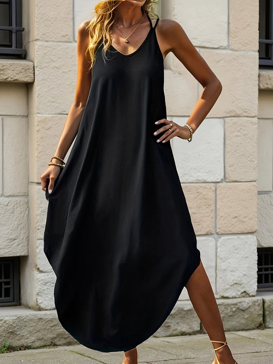 Women's Dress, Fashionable Elegant Casual Simple Solid Color Curved Hem Dress, Double Spaghetti Strap Design, Long Women's Dress, Suitable for Vacation, Dates, Commuting, Leisure Moments, Daily Wear, Women's A-line Dress for Spring, Summer, and
