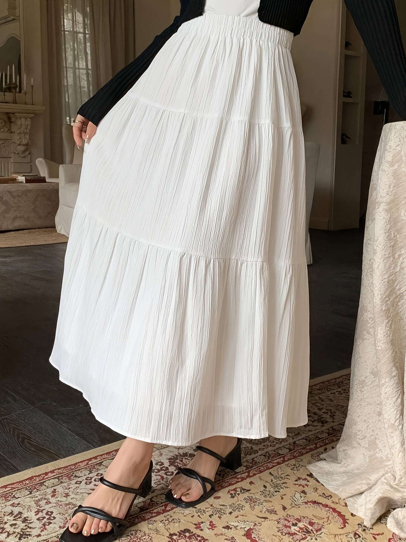 Midi Skirt Summer Cake High Waist New Elastic Mid-Length Large Swing Skirt White