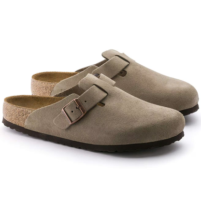 Comfortable Clogs for Women with Suede Upper Buckle Strap Contoured Cork Footbed Style