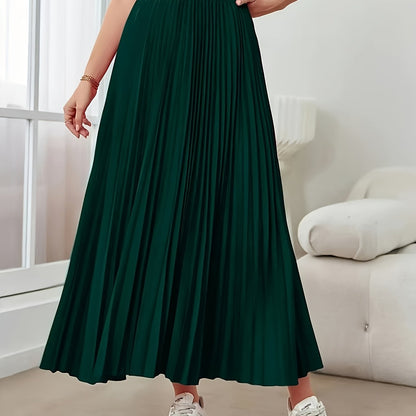 Women's Elegant High-Waisted Pleated Midi Skirt - Non-Stretch Machine-Washable All-Season Versatile Solid Color Smooth Texture for Casual & Formal Outfits, Cute Skirts, Nonelastic Fabric