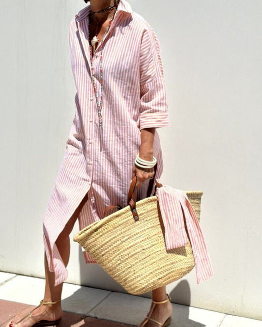 Women's Dress | Button Shirt Long Sleeve Stripe Midi