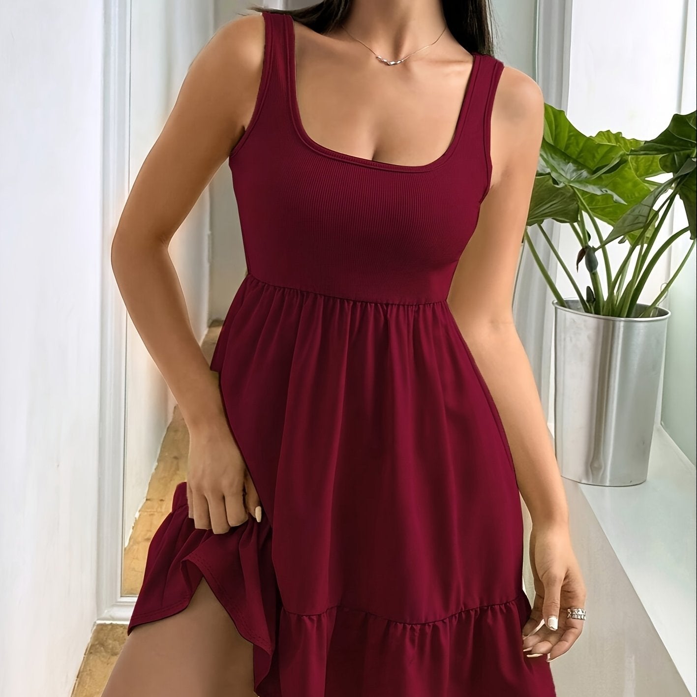 Women's Ruffled Lychee Leaf Boat Neck/Off-Shoulder Dress - Mermaid Top & Flowy Beach Resort Dress, Machine Washable Solid Color All-Season Wedding Guest Vacation Gown