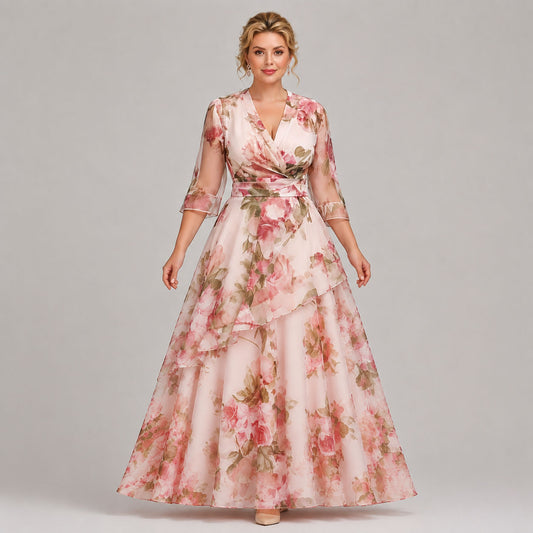 Flycurvy Plus Size Wedding Guest Pink Organza Floral Print Wrap 3/4 Sleeve Layered Asymmetrical Hem Maxi Dress