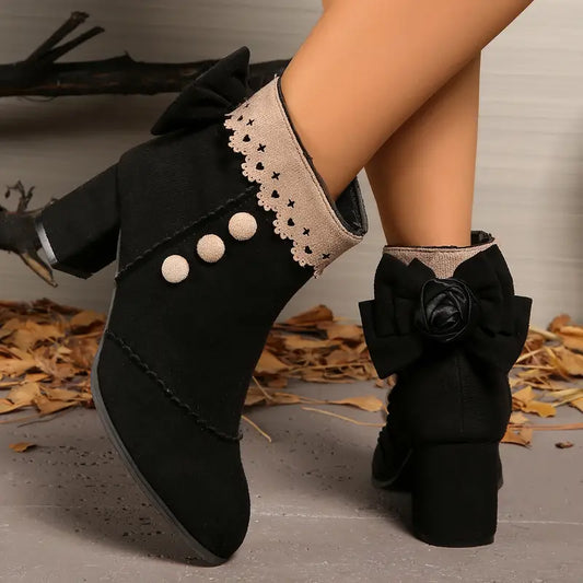 Comfortable Black Boots for Women with Bow Detail Pearl Trim Block Heel Ankle Style
