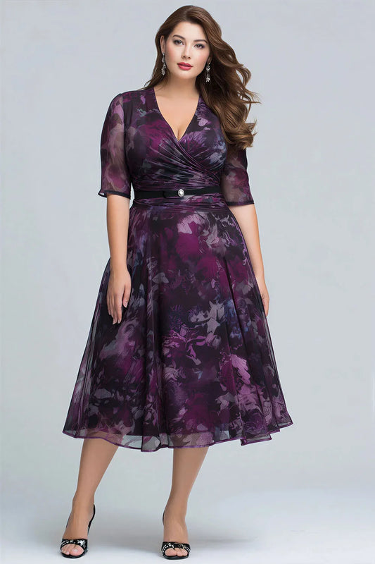 Flycurvy Plus Size Wedding Guest Grape Chiffon Floral Print Wrap Half Sleeve Midi Dress