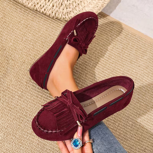 Comfortable House Shoes for Women with Fringe Bow Suede Moccasin Slip On Style