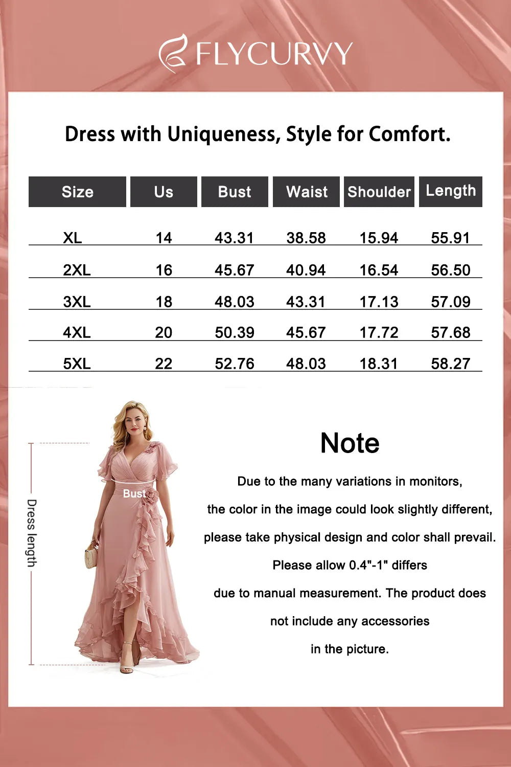 Flycurvy Plus Size Wedding Guest Blush Pink Chiffon Wrap Flutter Sleeve Slit Ruffle Hem Maxi Dress