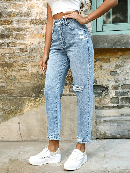 Effortless Blue Relaxed Mom Jeans for Women with High Waist Distressed Tapered Leg