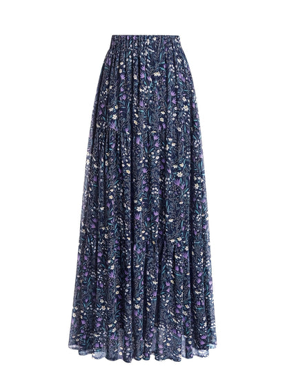 Elegant High-Waisted Floral Chiffon Midi Skirt, Loose And A-Line Chiffon Skirt