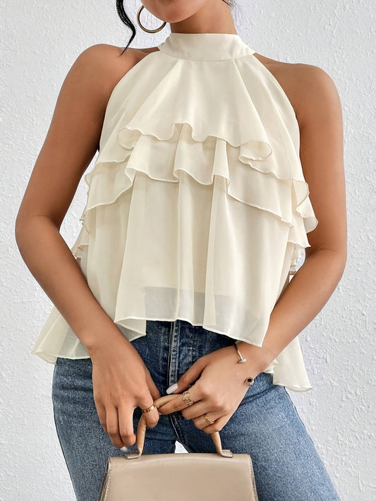 Halter Neck Ruffled Cake-Style Chiffon Blouse