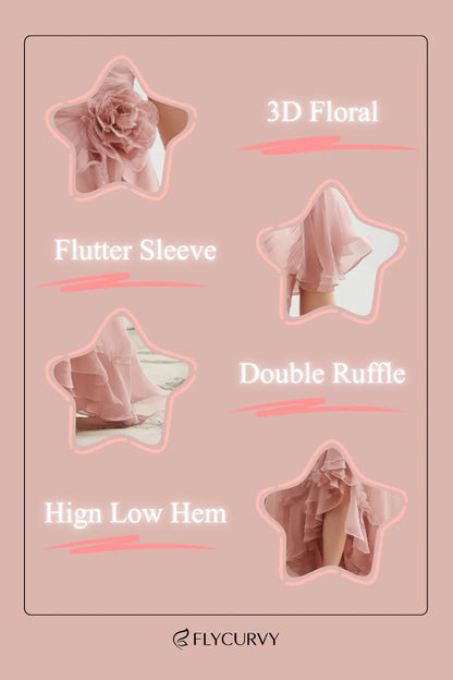 Flycurvy Plus Size Wedding Guest Blush Pink Chiffon Wrap Flutter Sleeve Slit Ruffle Hem Maxi Dress