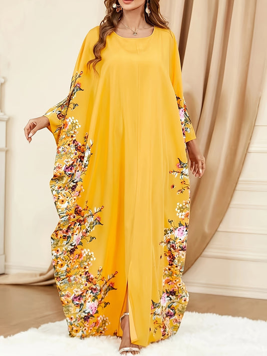 Floral Print Crew Neck Kaftan Abaya, Elegant Batwing Sleeve Split Maxi Dress, Women's Clothing