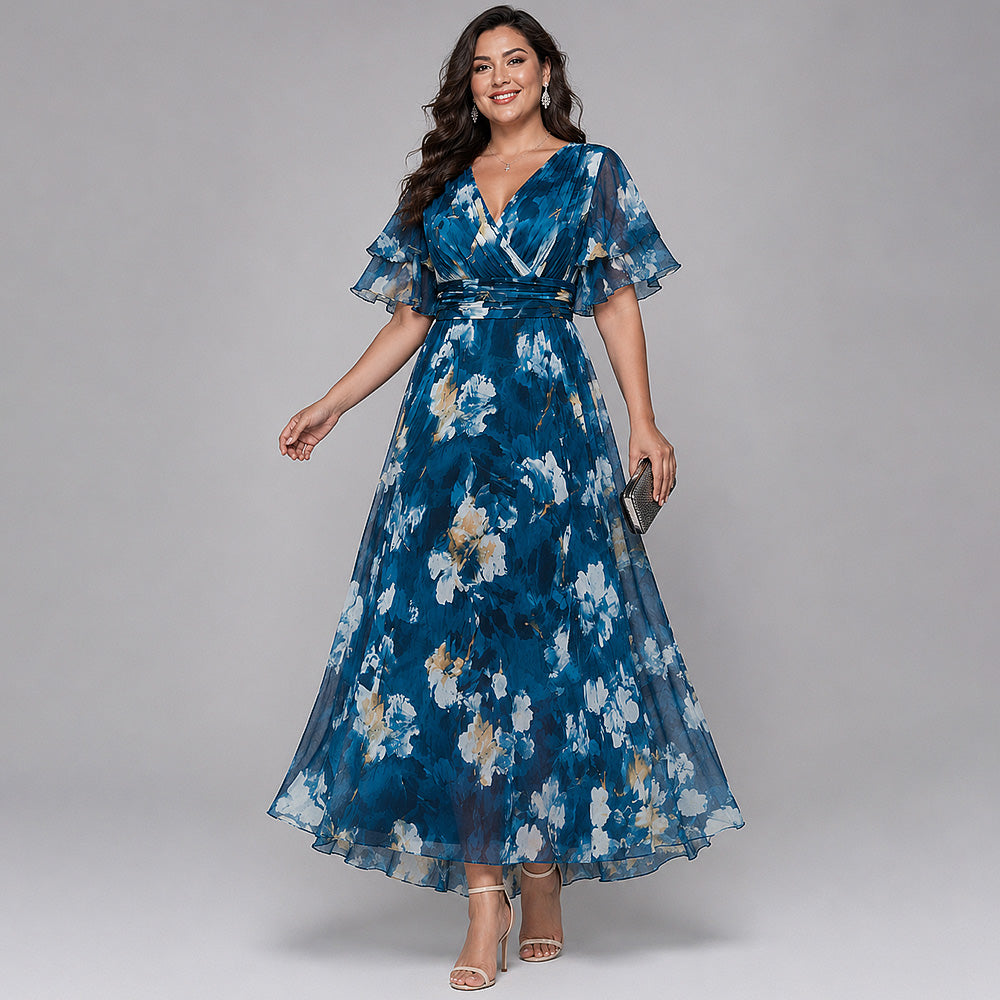 Flycurvy Plus Size Wedding Guest Blue Chiffon Floral Print Wrap Layered Flutter Sleeve Maxi Dress