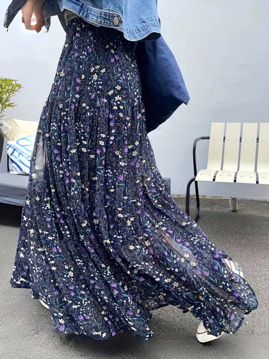 Elegant High-Waisted Floral Chiffon Midi Skirt, Loose And A-Line Chiffon Skirt