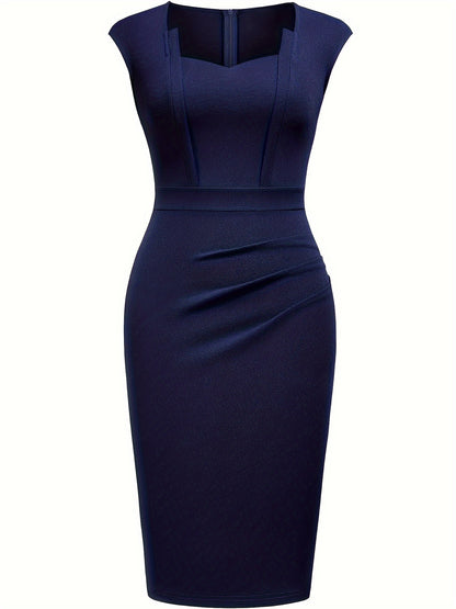 Women'S Square Neck Slim Dress, Easy Solid Color Elegant Sleeveless, Highlights The Waistline, Mid-Length Pencil Skirt